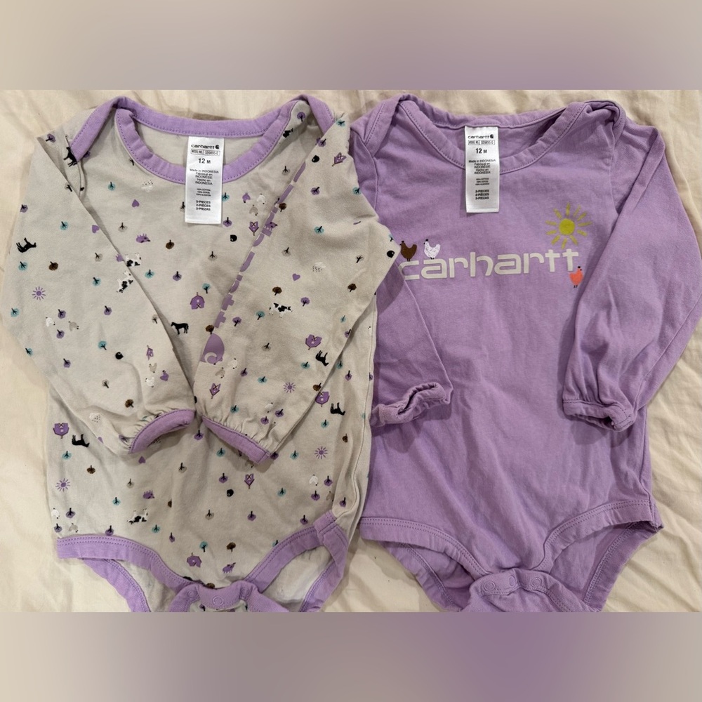 Gently Used Carhartt Set of 2 Purple and Cream Onesies, size 12m